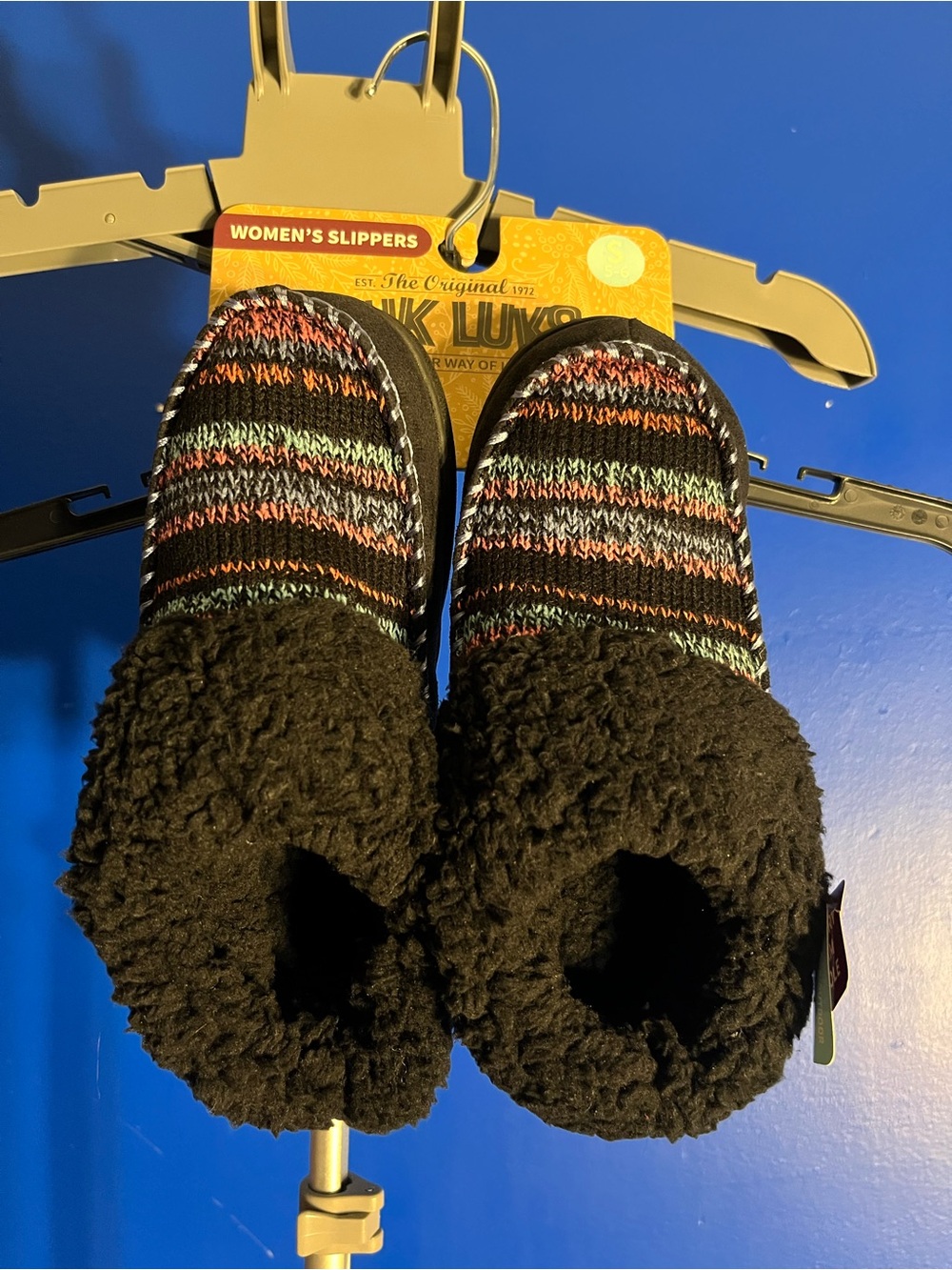 Muk Luks Black Slippers with Multicolor Knit Accents